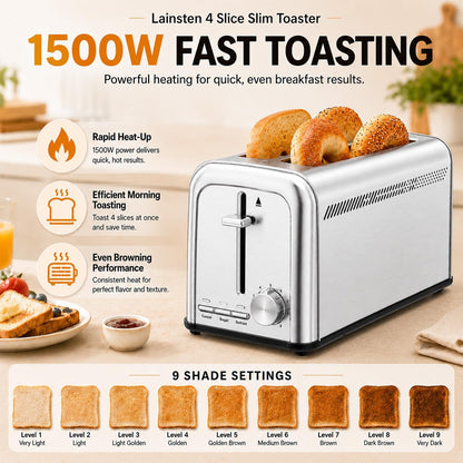 Toaster 4 Slice Stainless Steel,Slim Toater with 9 Shade Settings,4 Slice Toaste Long Slot with Bagel/Defrost/Cancel Functions,  T-438(Silver)2