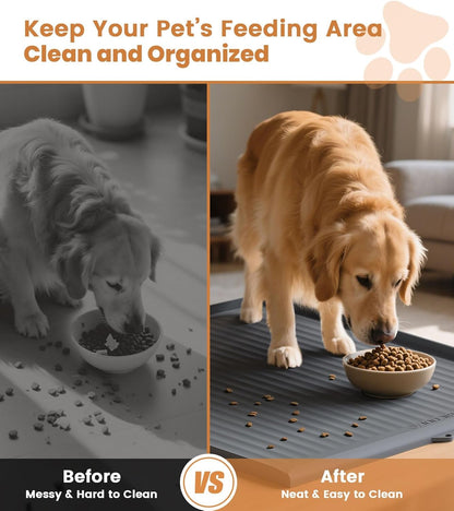 Dog Food Mat 36"X24", Waterproof Dog Bowl Mat, Grey | Raised Edges Prevent Spills, Diversion Grooves, Waterproof Surface, Non-Slip Backing, Easy to Clean6