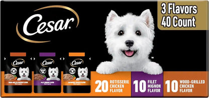 Cesar Mini-Pouch Wet Dog Food, Filet Variety Pack, 1.76 Oz, 40 Count | 3 Flavors: Rotisserie Chicken, Filet Mignon, Wood-Grilled Chicken, Real Chicken or Beef, Easy Peel-And-Serve, Protein-Packed1
