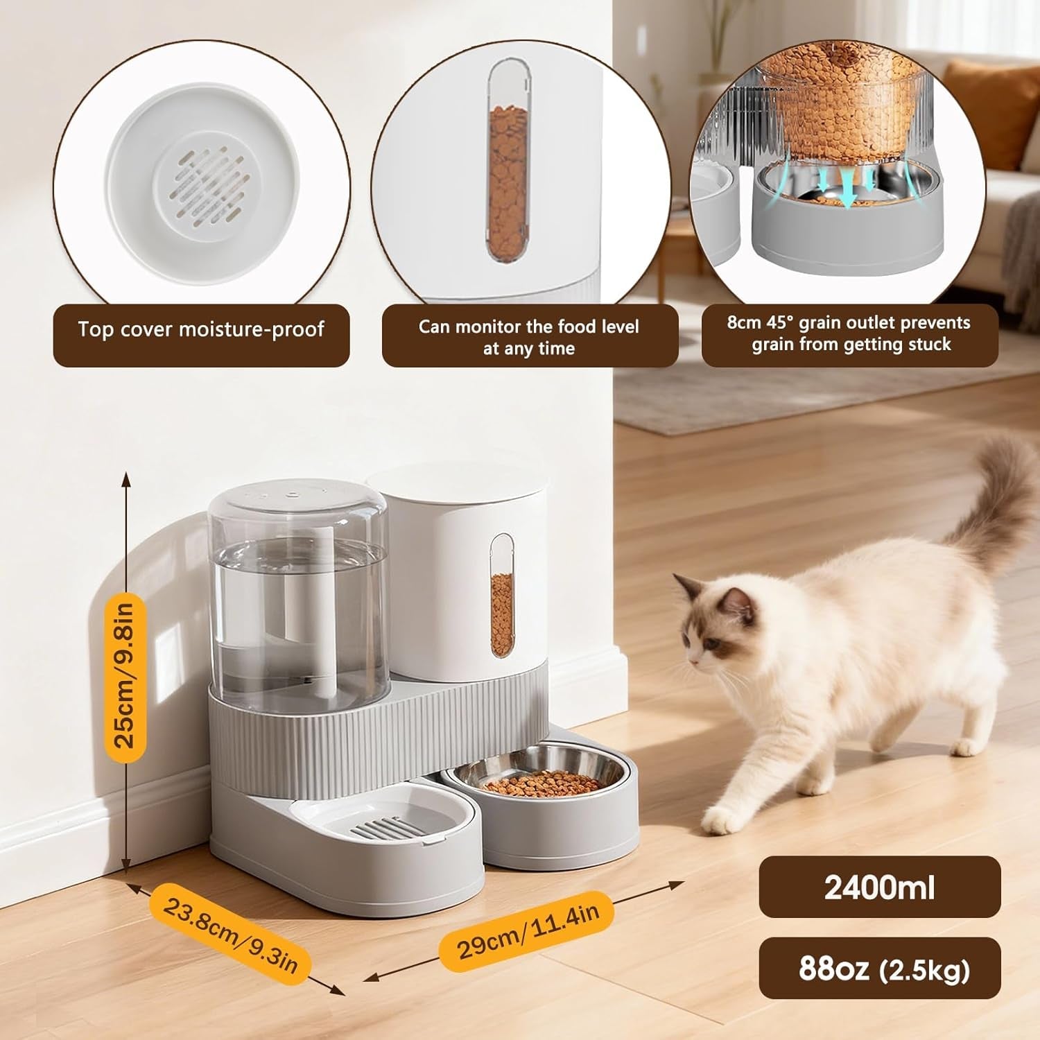 2-in-1-automatic-gravity-cat-dog-feeder-and-water-dispenser-with-304-stainless-steel-bowls-360-degree-rotatable-auto-food-with-2-specialized-brushes-for-small-medium-pet-dog-puppy-kitten-gray