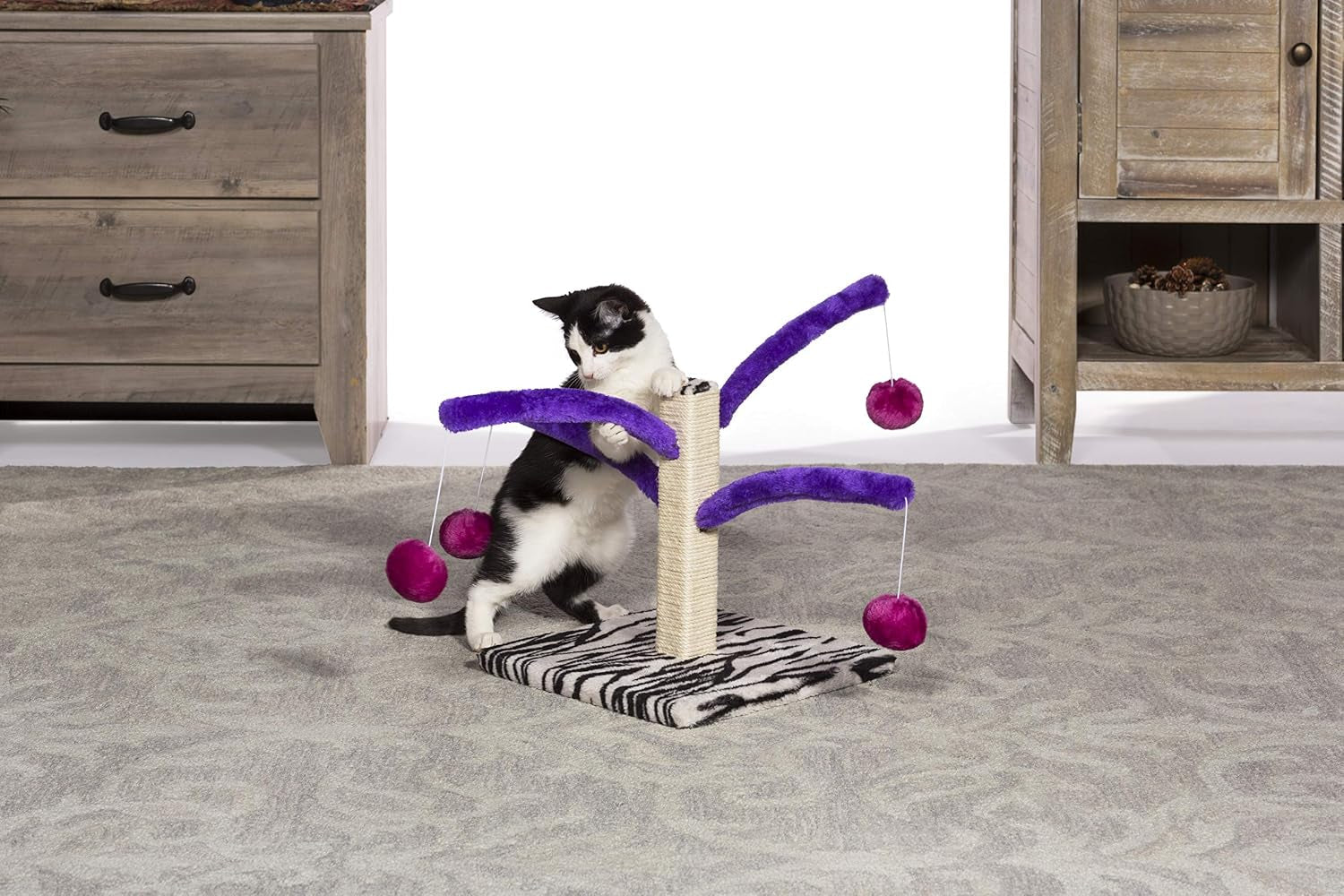 prevue-pet-products-kitty-power-bounce-n-spring-scratcher-furniture-indoor-cat-scratcher-tower-with-toys-vertical-scratch-post-for-small-adult-cats-purple