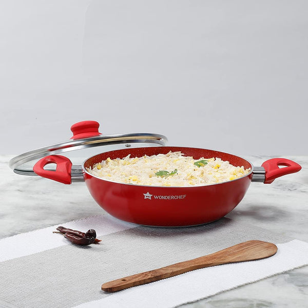 Royal Velvet Non-Stick, Pfoa-Free and Nickel-Free Aluminum Indian Chinese Cuisine Stir Fry Wok with Lid; 26Cm: Red4