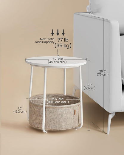 VASAGLE LILEA Collection - Small round Side End Table, Modern Nightstand with Fabric Basket, Matte White and Camel Brown ULET223W103