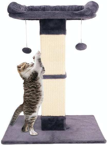 34" Cat Scratching Post for Indoor Cats, Sisal Cat Scratcher with Large Plush Perch, Vertical Posts with Elevated Bed and with Two Dangling Balls, Removable & Washable Cover, Dark Grey1