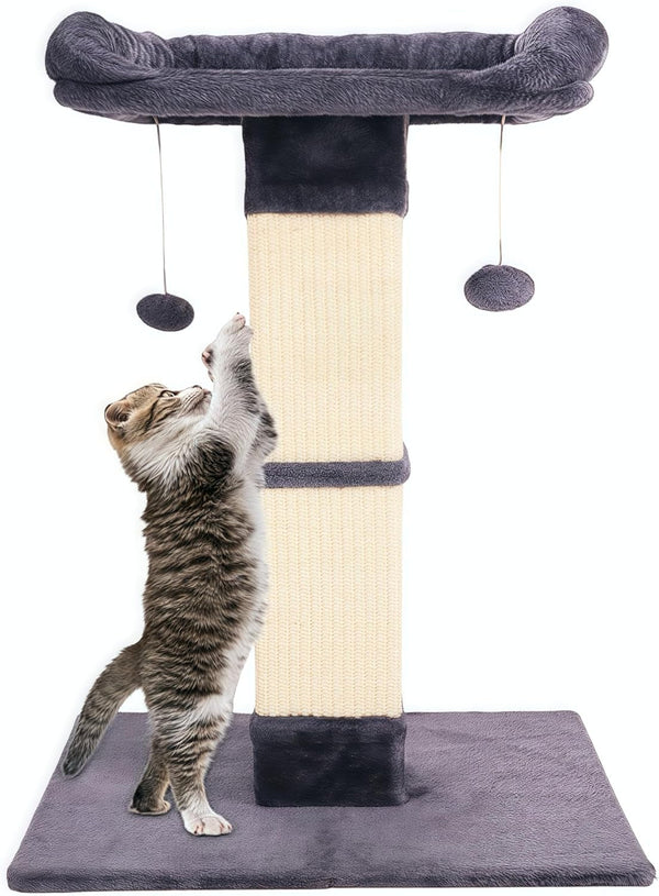 34" Cat Scratching Post for Indoor Cats, Sisal Cat Scratcher with Large Plush Perch, Vertical Posts with Elevated Bed and with Two Dangling Balls, Removable & Washable Cover, Dark Grey1