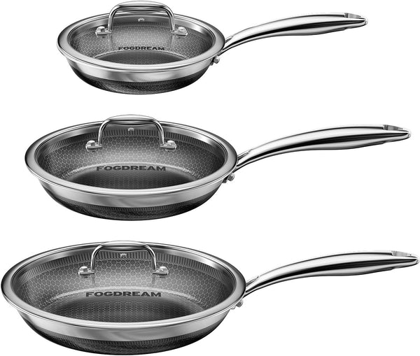 8, 10, 12 Inch Stainless Steel Frying Pan Set with Lid, Honeycomb Hybrid Nonstick Skillet for Induction & All Cooktops, PFAS/PFOA/PTFE Free, Oven Safe 500°F, Silver1