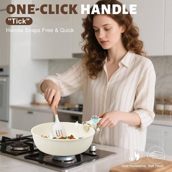 10 Pcs Pots and Pan Set Non Stick with Detachable Handle, White | Non Stick, Detachable, Stackable, Dishwasher ＆ Oven Safe2