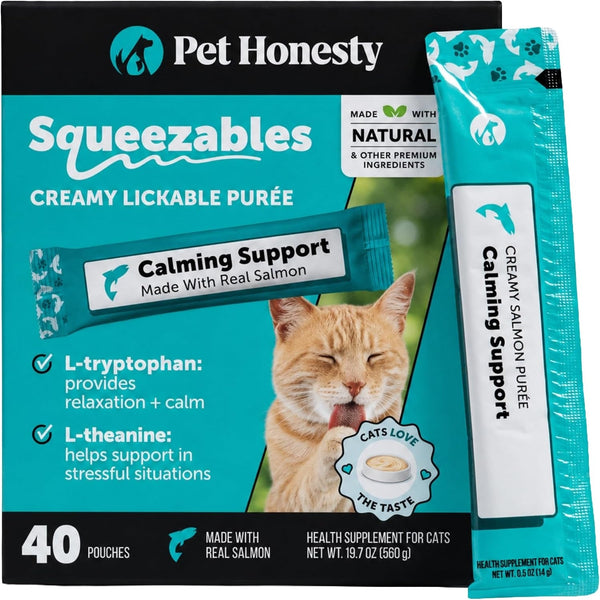 Pet Honesty Cat Lickable Treats with L-Theanine & Chamomile - Squeezable Puree Pouches for Cats - Behavior Support for Travel, Vet Visits, Grooming, & Separation (Salmon, 20 Ct)10