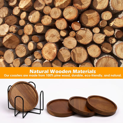 4 Pcs Wood Coasters for Drinks Absorbent, Wooden Coasters with Holder, Drink Coasters for Coffee Table, Absorbent Coaster Set for Table Protection Drink Coasters for Farmhouse, Office, Bar2