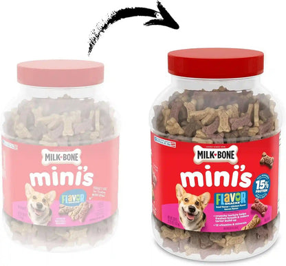 Milk-Bone Flavor Snacks Mini’S Dog Biscuits, Flavored Crunchy Dog Treats, 36 Oz. Canister | 5 Calories per Treat, 15% Protein, 3 Flavors per Canister (Beef, Chicken & Bacon, Naturally & Artificially Flavored)2