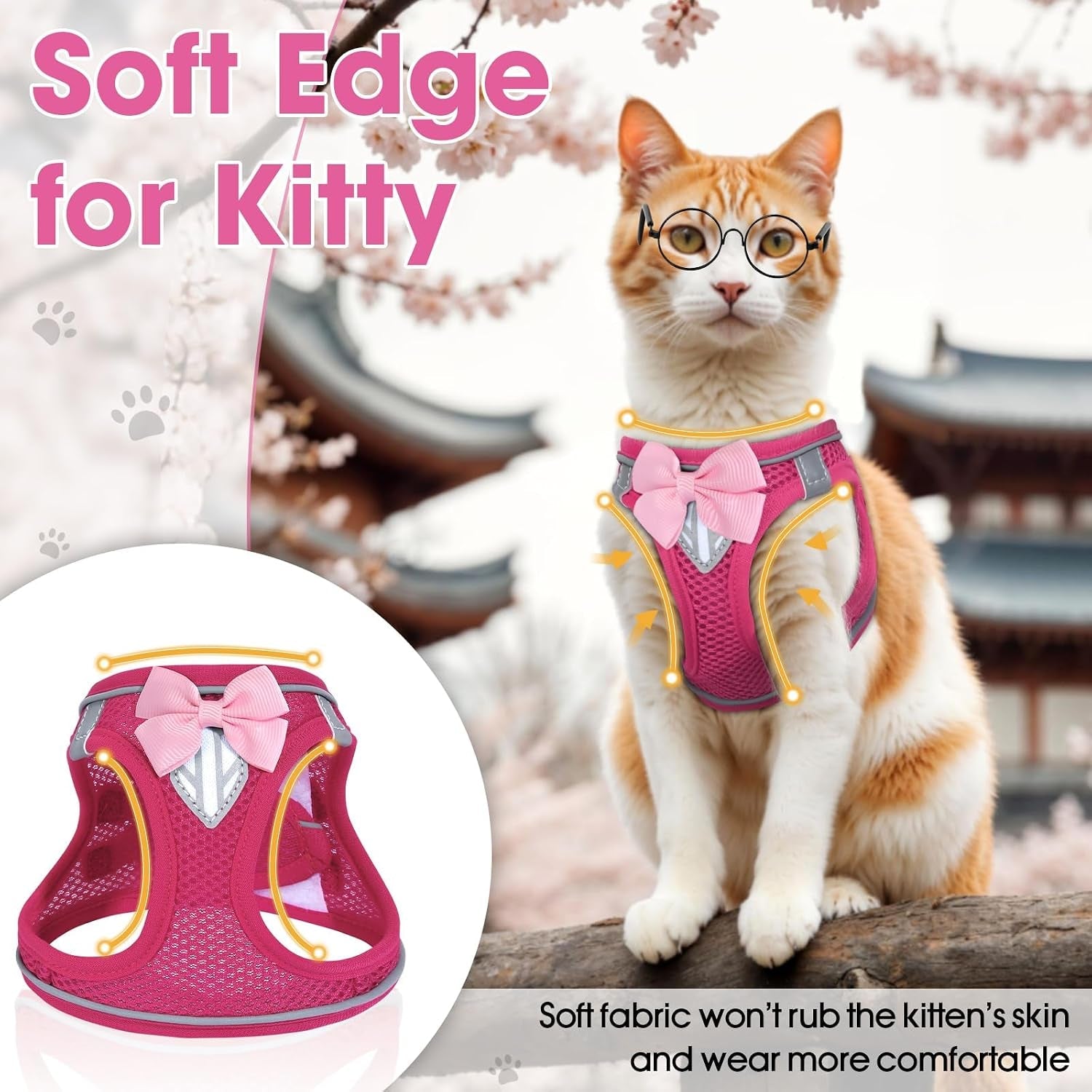cat-vest-harness-and-leash-set-escape-proof-kitten-harness-pink-xs-safe-reflective-strips-adjustable-easy-wear-kitty-harness-sturdy-clip-buckle-breathable-mesh-for-kitty-puppy-bunny-walks
