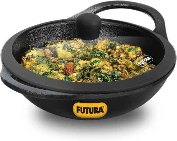 Futura 2 Litre Cast Iron Kadhai, Naturally Nonstick Cast Iron Kadai with Glass Lid, Cast Iron Cookware for Kitchen, Black (CIK20G)1