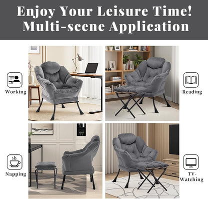 Lazy Chair with Ottoman, Comfy Reading Chair, Darkgrey | Cushioned Seat with Foldable Ottoman and Side Pocket, Lounge Chair for Bedroom, Living Room, Dorm and Small Spaces9