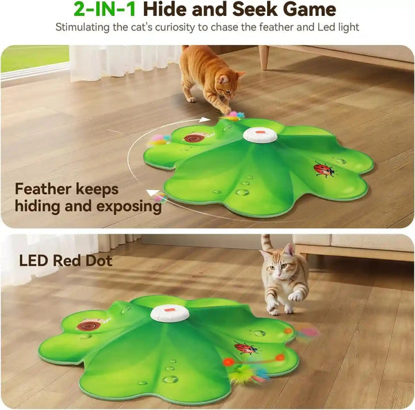 FEELNEEDY Rechargeable Cat Toys, 2 in 1 Hide and Seek Game Interactive Cat Toy, Movable LED Red Dot, Moving Concealed Feathers, Durable Exercise Toys for Indoor Cats, Bored Adult Cats Wand Toy2