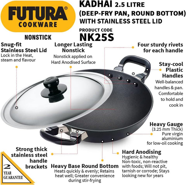 Futura Nonstick Kadhai 2.5 L, 26 Cm, 3.25 Mm with SS Lid (Black)2
