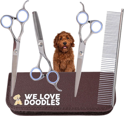 Dog Grooming Scissors Kit, 4 Pieces, Curved, Straight & Thinning Shears Set | Professional Dog Grooming Shears for at Home Doodle & Poodle Hair, Pet Face & Paw Scissors for Goldendoodle, Stainless Steel9
