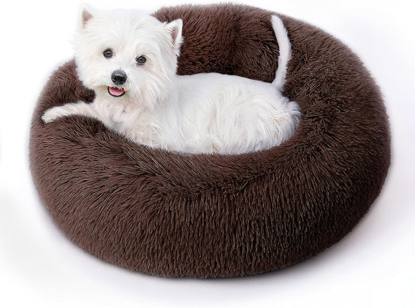 Calming round Dog Bed & Cat Bed for Indoor Cats, Medium Size Washable Anti-Slip Anti-Anxiety Donut Dog Beds for Small Dogs & Cats, Fluffy Plush Soft Dog Bed(20 Inch, Light Grey)15