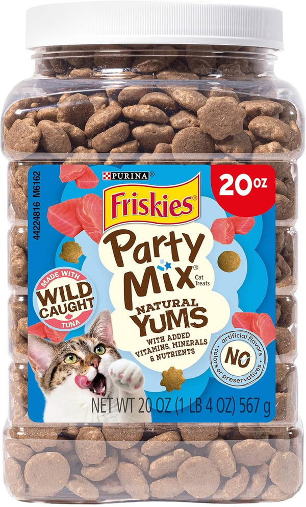 Purina Friskies Natural Cat Treats, Party Mix Natural Yums with Wild Caught Tuna and Added Vitamins, Minerals and Nutrients - 20 Oz. Canister1