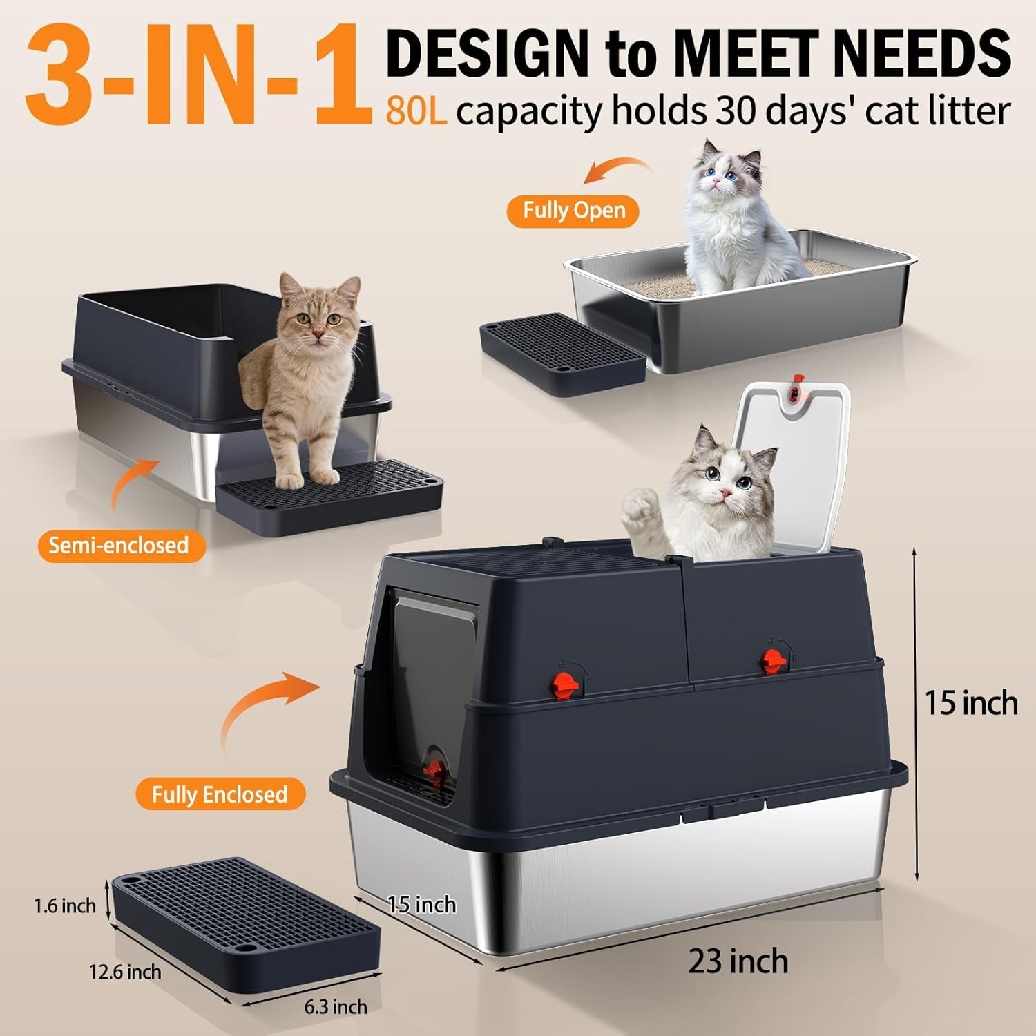 stainless-steel-litter-box-with-lid-enclosed-metal-litter-box-extra-large-kitty-litter-pan-covered-with-scoop-pedal-odor-control-odor-free-front-flip-top-entry-black