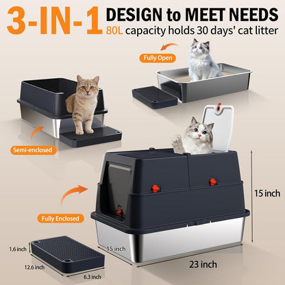 Stainless Steel Litter Box with Lid, Enclosed Metal Litter Box, Extra Large Kitty Litter Pan Covered with Scoop & Pedal, Odor Control, Odor Free, Front & Flip-Top Entry, Black4