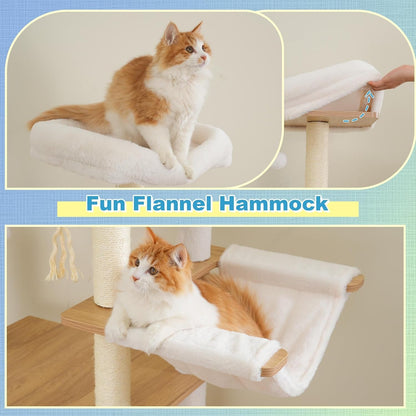 Hey-Brother Wooden Cat Tree, Furniture Tower with Large Platforms, MPJ121BT | 69.7 Inch, Modern Full Sisal Scratching Posts, Hammocks, Spacious Condo, Ladder, Brush, Water Proof Surface, White Oak5