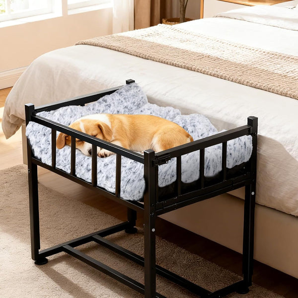 Beside Dog Bed and Mattress Set - Metal Three-Sided Fence Pet Dogs Bed Frame, Adjustable Height Dogs Bed Extension Attachment for Human Bed, for Small/Medium Puppy(25.5''L X 17.7''W)7