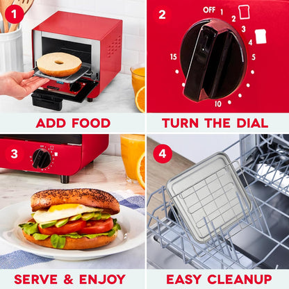 Mini Toaster Oven | Small Toaster Oven for Dorms, Apartments, & Small Kitchens, Adjustable Timer Dial with Auto Shutoff, Removable Cooking Tray & Crumb Catch, Red5