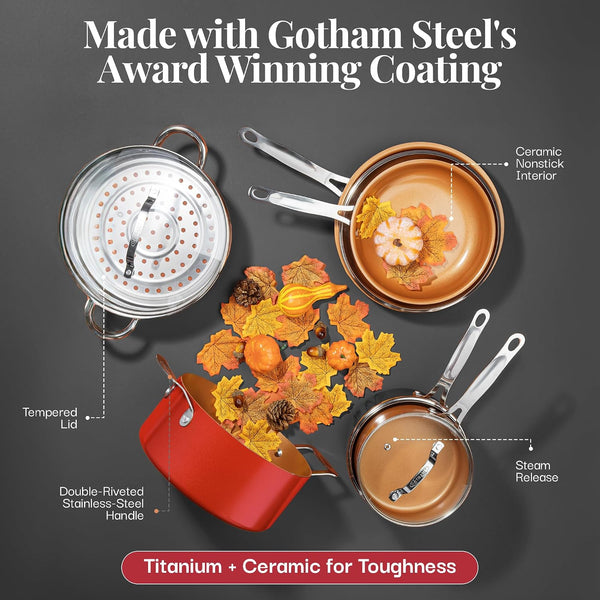 20 Pc Pots and Pans Set Nonstick Cookware + Bakeware Set, Complete Ceramic for Kitchen, Non Stick with Lids, Dishwasher / Oven Safe, Toxic - Red7