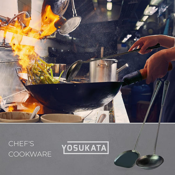17" Blue Carbon Steel Wok Spatula and Ladle, 3 Pairs Chopsticks | Durable Wok Utensils Set of 5 - Traditional Asian Cooking Tools and Accessories8