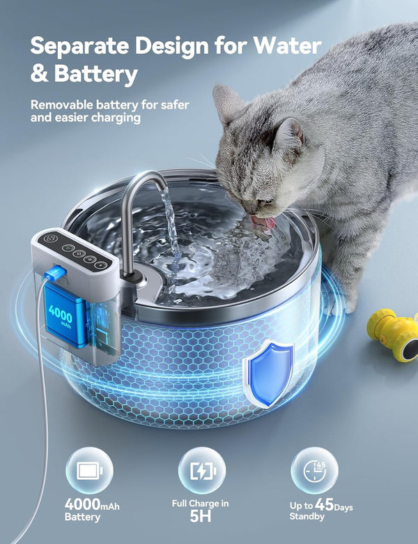 Wireless Cat Water Fountain [Water & Battery Separation] FEELNEEDY Stainless Steel Automatic Pet Water Dispenser, 4000Mah Battery Operated Water Fountains for Cats Dogs - 3.5L/118Oz2