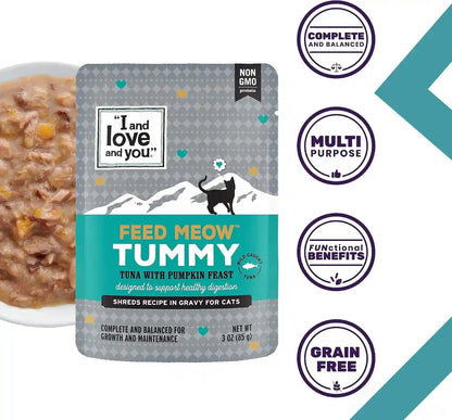 I and LOVE and YOU Feed Meow Tummy Wet Cat Food - Tuna + Pumpkin - Digestion Support, Grain Free, Shredded, 3Oz Pack of 122