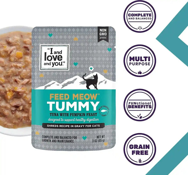 I and LOVE and YOU Feed Meow Tummy Wet Cat Food - Tuna + Pumpkin - Digestion Support, Grain Free, Shredded, 3Oz Pack of 122