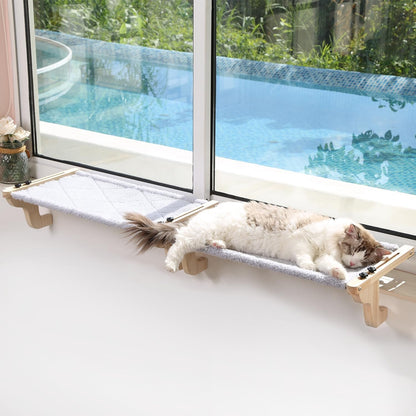 Zakkart 2PC Easy Seat Cat Perch for Window Sill - Hammock Design W/Pine Wood & Robust Metal Frame - Cat Window Seat for Large Cats and Kittens (Natural Color Wood W/Gray Bed, Large (26''W X 14''D)1