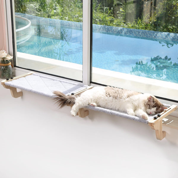 Zakkart 2PC Easy Seat Cat Perch for Window Sill - Hammock Design W/Pine Wood & Robust Metal Frame - Cat Window Seat for Large Cats and Kittens (Natural Color Wood W/Gray Bed, Large (26''W X 14''D)1