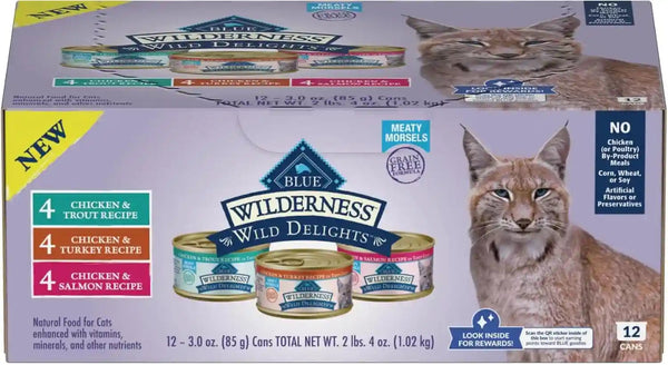 Blue Buffalo Wilderness Wild Delights High Protein Grain Free, Natural Adult Meaty Morsels Wet Cat Food, Chicken & Turkey, Chicken & Trout, Chicken & Salmon 3-Oz Cans (12 Count - 4 of Each Flavor)1