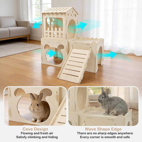 Extra Large Rabbit Castle, Wooden Bunny House &,Detachable Rabbit Hideaway, Indoor Hamster Castle with Ramp, Small Animal Houses & Habitats for Guinea Pig Chinchilla Ferret(3 House)4