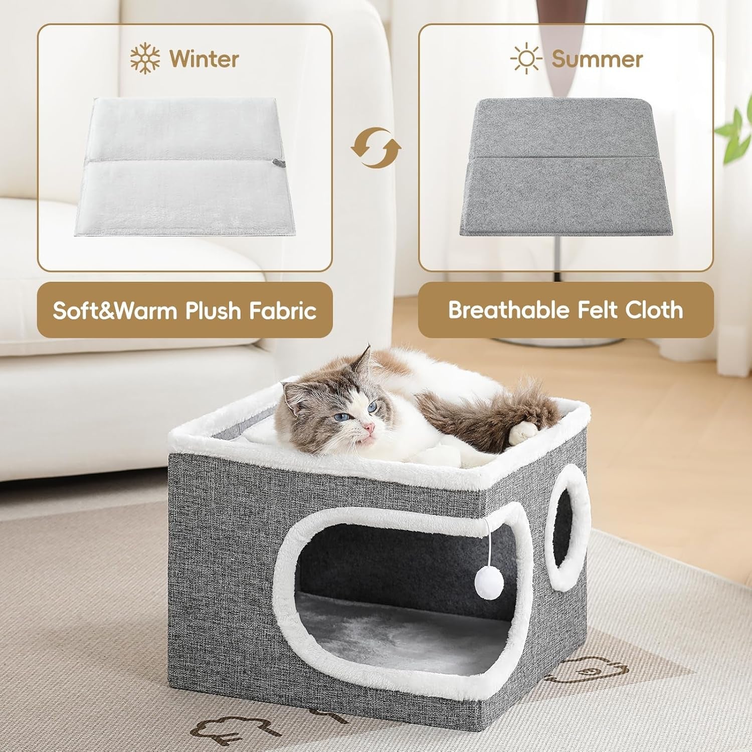cat-houses-for-indoor-cats-large-covered-cat-cave-beds-furniture-with-scratch-pad-and-fluffy-ball-foldable-cat-hideaway-for-kitten-16x16x13-inches-grey