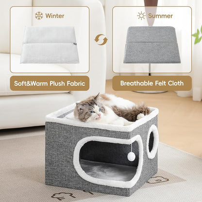 Cat Houses for Indoor Cats, Large Covered Cat Cave Beds & Furniture with Scratch Pad and Fluffy Ball,Foldable Cat Hideaway for Kitten,16X16X13 Inches, Grey3