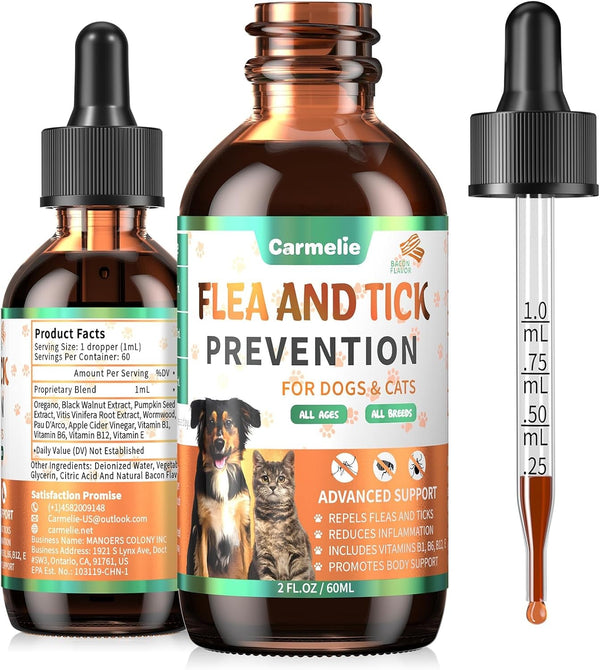 Oral Flea and Tick Prevention for Dogs and Cats with Vitamin 60Ml- Bacon | Dog & Cat Flea and Tick Defense, Cat Flea Drops Supplements with Natural Ingredients, Skin & Coat Supports, All Breeds & Ages1