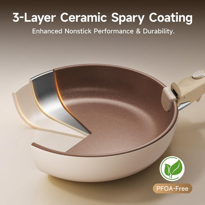17-Piece RV Pots and Pans Set with Detachable Handle for Camper | Stackable RV Cookware, Induction & Oven Safe, Nonstick Ceramic Brown Interior, Dishwasher Friendly, PFOS & PFOA Free10