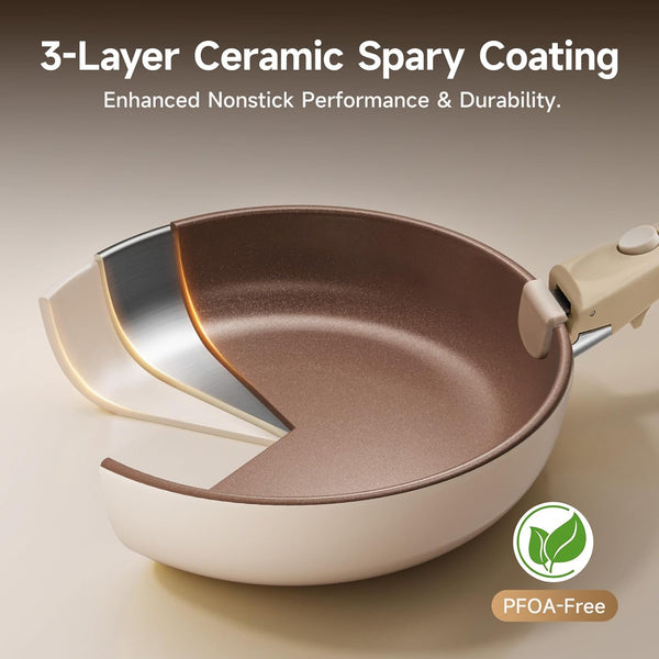 17-Piece RV Pots and Pans Set with Detachable Handle for Camper | Stackable RV Cookware, Induction & Oven Safe, Nonstick Ceramic Brown Interior, Dishwasher Friendly, PFOS & PFOA Free10