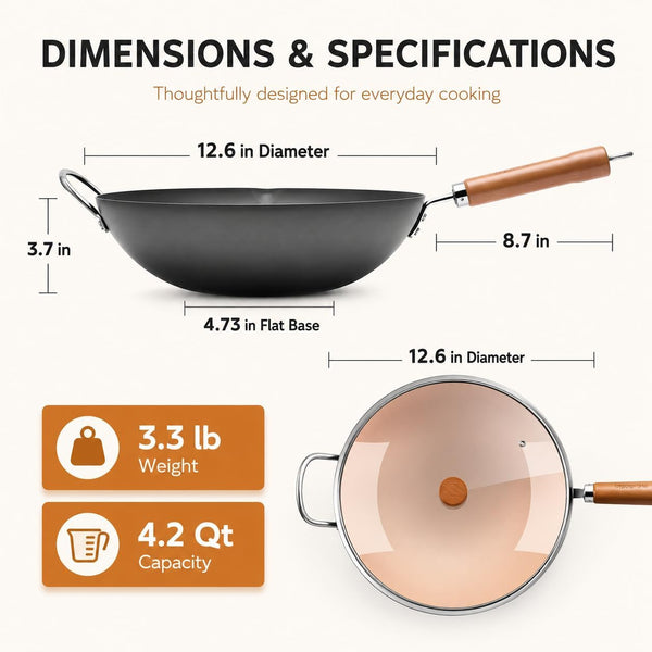 12.6 Inch Carbon Steel Wok with Lid, Flat Bottom Wok Pan for Induction, Electric and Gas Stoves, Uncoated Chinese Stir Fry Pan with Wooden Handle5