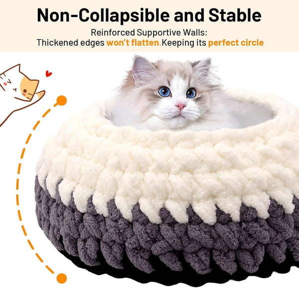 Handwoven Soft Cat Cave Bed, Indoor Cat Beds with Washable round Nest | Kitten House & Cat Furniture, White & Gray3