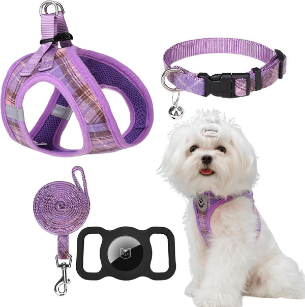 EXPAWLORER Plaid Small Dog Harness and Leash Set with Airtag Holder - No Pull Soft Padded Step in Dog Vest Harness Medium Sized Dog, Reflective Puppy Harness, Collar and Leash for Walking, Khaki S18