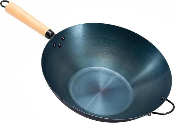 Carbon Steel Wok, 13.5" Woks & Stir-Fry Pans Nonstick, Pre-Seasoned Flat Bottom Wok for BBQ, Grill, Outdoor & Camping, Compatible with Induction, Electric, Gas, Open Fire, Deep Blue1