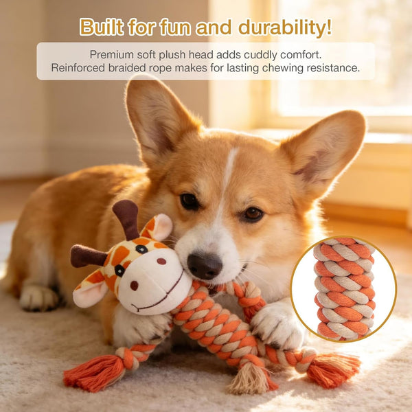 Giraffe Plush Squeak Toys for Dogs - Premium Soft Plush, Reinforced Braided Rope, Built-In Squeaker & Crinkle Paper, Machine Washable, Stimulates Play & Teething Relief4