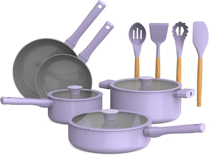 By Bella 12 Piece Cookware Set W Evergood™ Ceramic Nonstick Coating​ and Silicone & Wood Utensils, Dishwasher Safe Silicone & Glass Lids, Oven Safe & All Stovetop Compatible, Lavender1