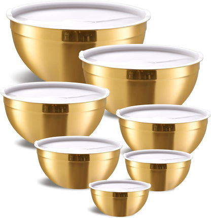 Gold Mixing Bowls with Airtight Lids, Stainless Steel Nesting Mixing Bowls Set of 7, Ideal for Baking, Prepping and Serving Food, Size 7, 3.6, 2.7, 2.1, 1.5, 1.1,0.8 QT, Stackable Design1