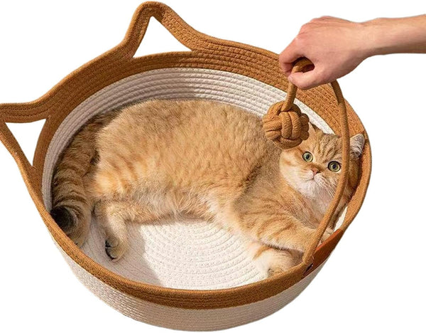 Handwoven Cotton Rope Cat Bed - Breathable & Easy to Clean, Foldable Scratchable Hammock with Cat Ear Design, with a Playing Ball for Kittens - Large Brown1