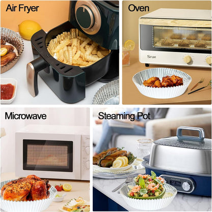 100Pcs Aluminum Foil Air Fryer Liners, Air Fryer Disposable Paper Liner | 6.3” Oil-Proof Water-Proof Sheets, Non-Stick Food Grade Aluminum Foil for Baking, Frying, Grilling, Roasting Microwave6